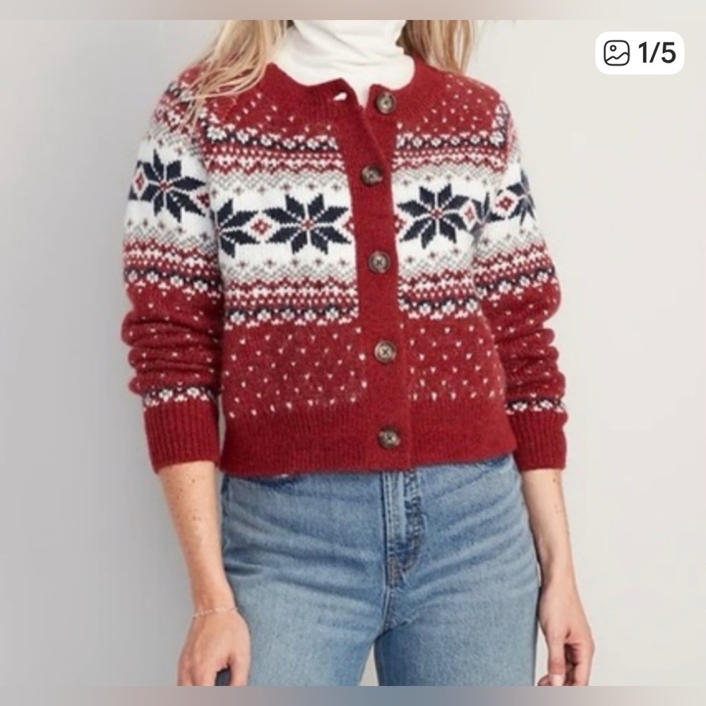 Old Navy red/blue/ivory fair isle cardigan sweater. Size S.